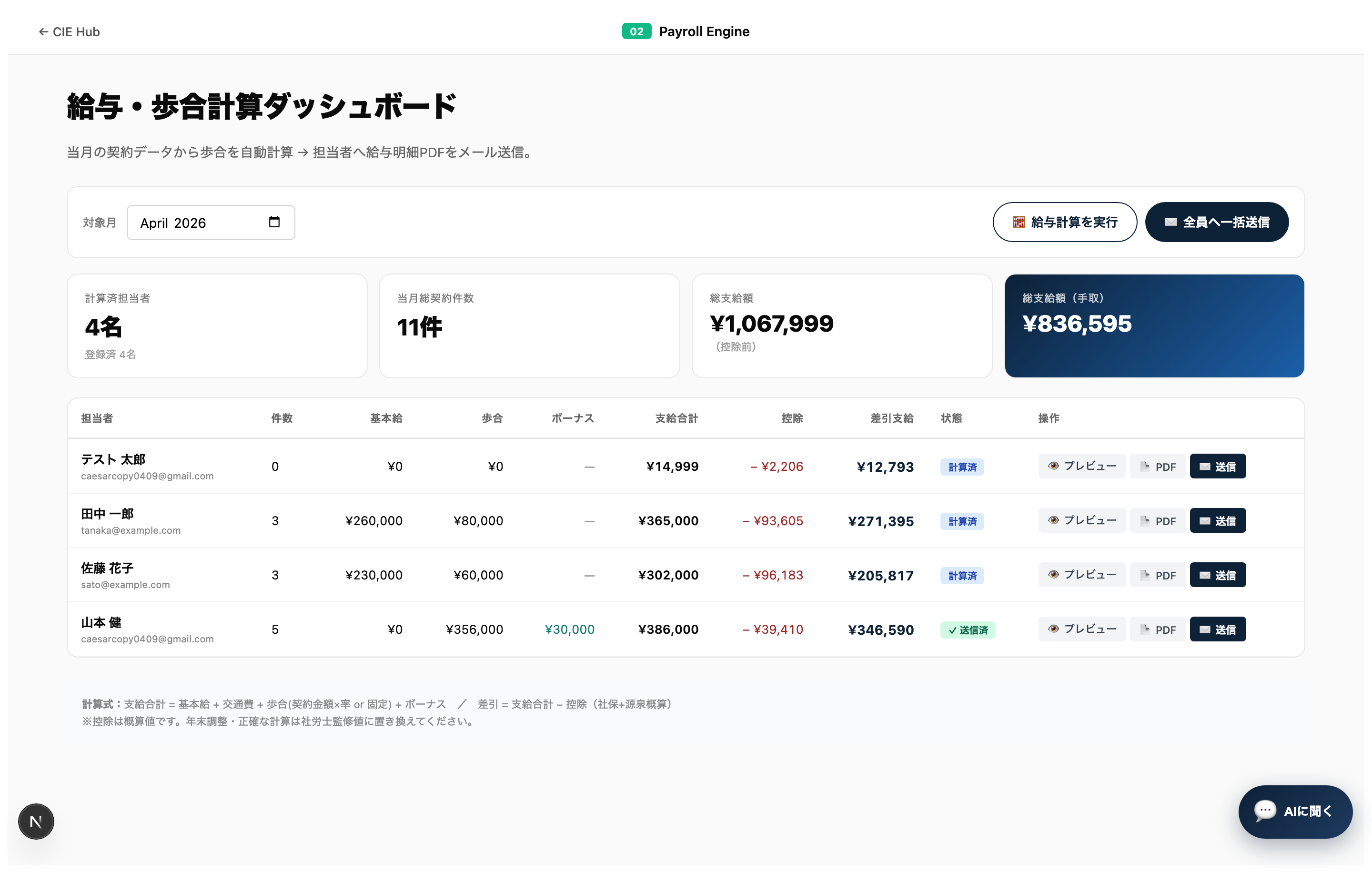 計算後の画面。山本のボーナス¥30,000（ピンク）は3件達成のボーナス。エラーではない！